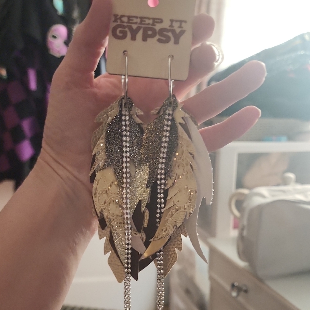 NWT Keep It Gypsy Gold and Silver Feather Earrings